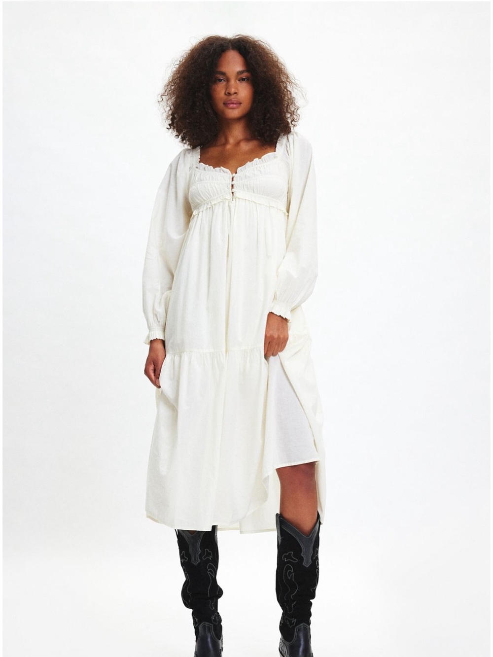 Bohemian White Long-Sleeve Midi Dress